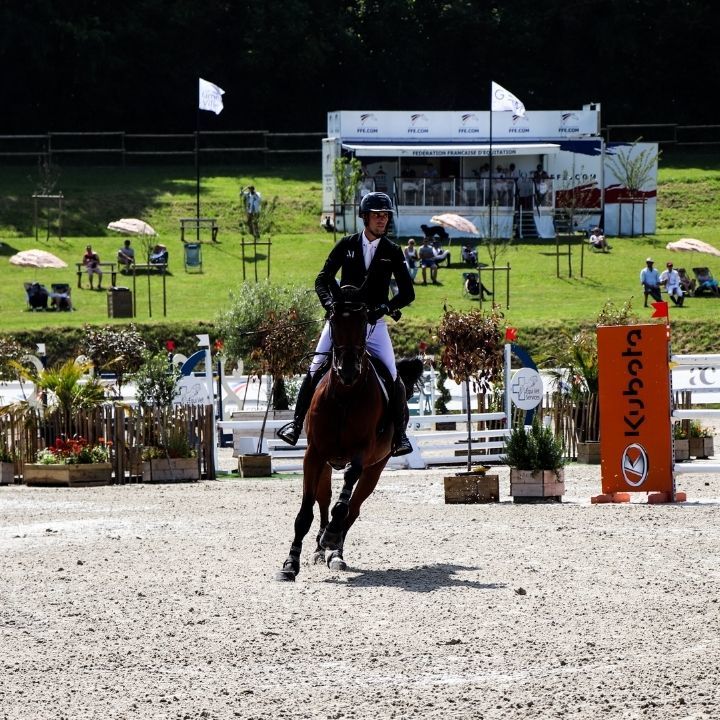 Photo cheval bai et cavalier sur une piste de sable