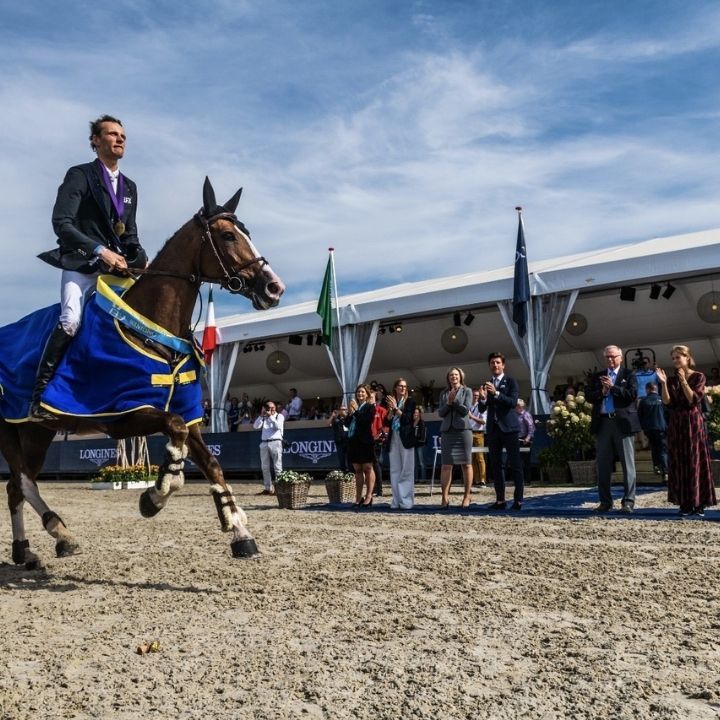 Cheval alezan galope et un groupe de personne applaudit