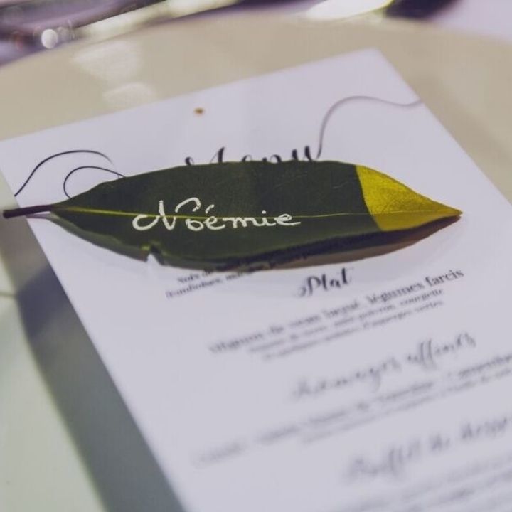 Photo d'une feuille verte et bout doré inscrite Noémie